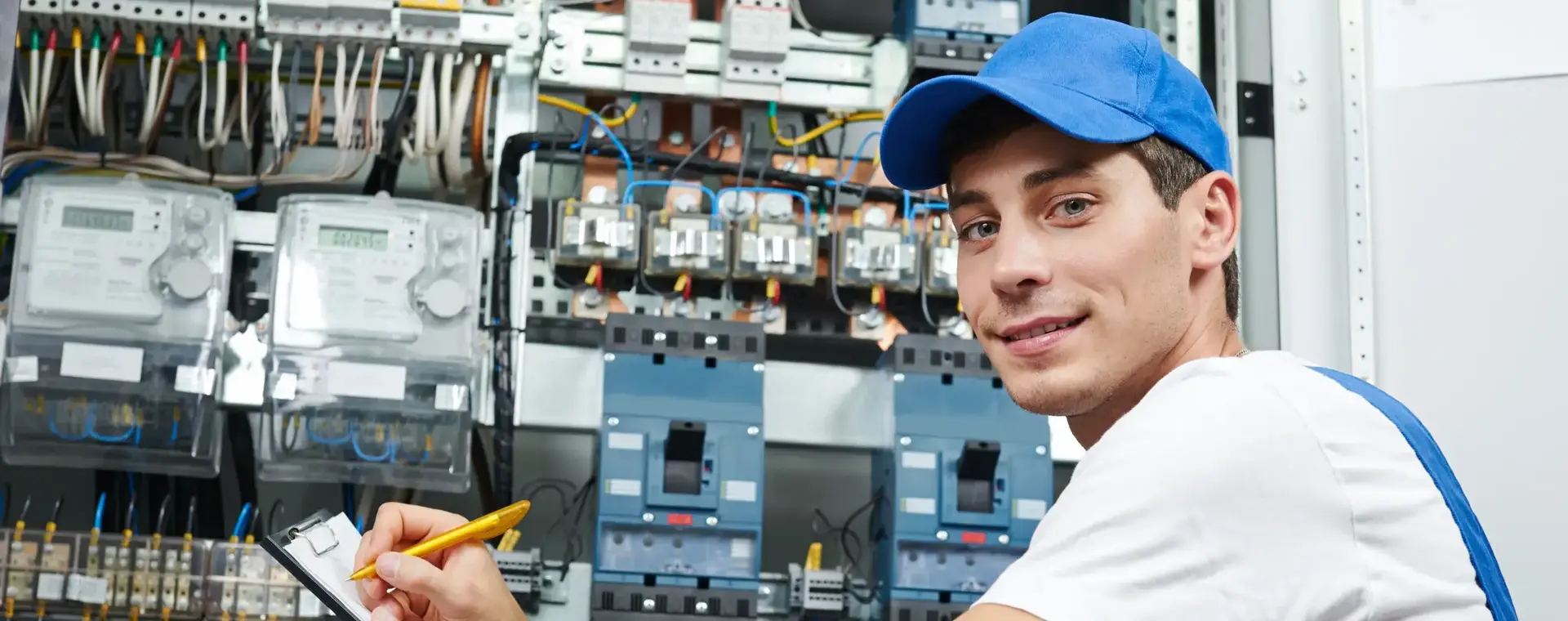 Jonge man voor grote elektriciteitskast en noteert dingen op een blaadje.
