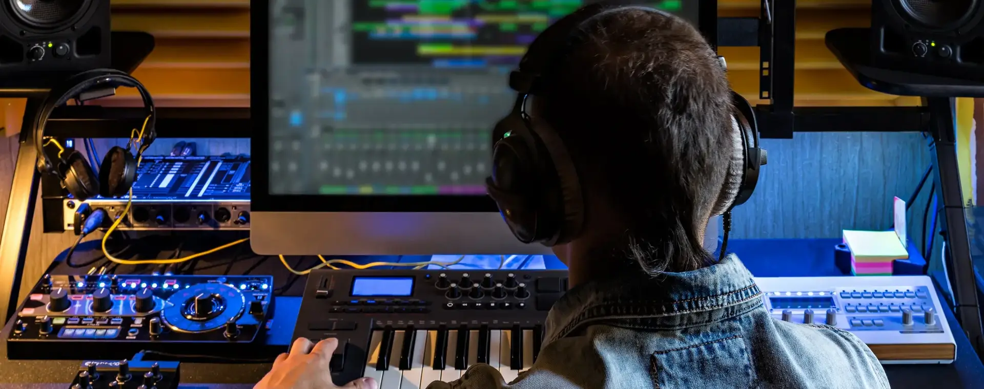 Student werkt in een studio met geluidsapparatuur en digitale audioproductie op een computerscherm