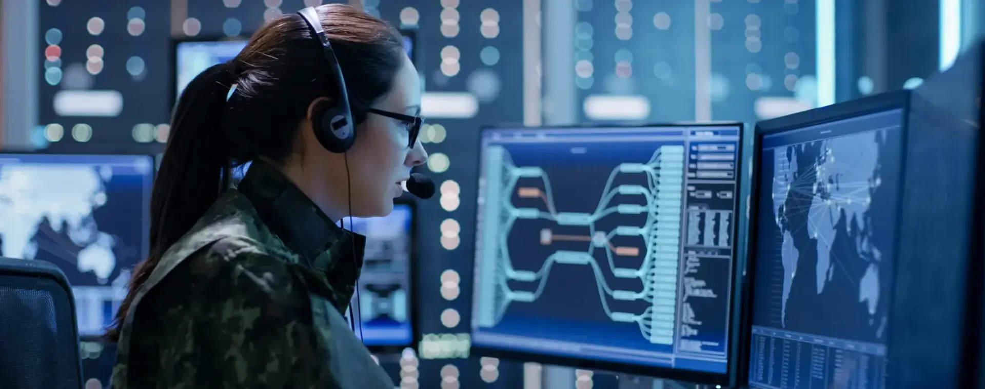 Vrouw in militair uniform werkt met headset achter meerdere computerschermen in een beveiligde controlekamer.