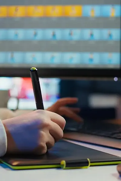 Hand met digitale pen schrijft op een tablet.