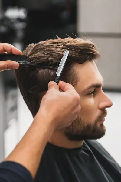 Kapster knipt het haar van een man met een tondeuse en kam in een moderne kapsalon. De klant zit stil terwijl het haar nauwkeurig in model wordt gebracht.