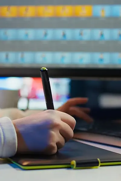 Handen die met een smartpen op een tablet schrijven.