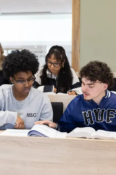 Studenten in de schoolbanken die in hun boeken kijken.
