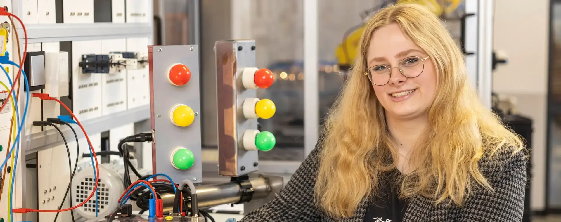 Jonge vrouw aan het werk bij elektrische installatie