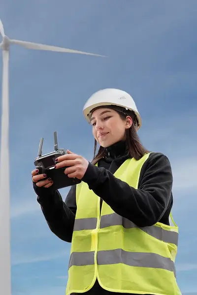 Student in geel hesje met helm bestuurt drone bij een windmolen. 