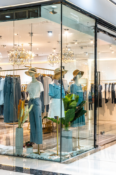 Etalage van kledingwinkel in overdekt winkelcentrum