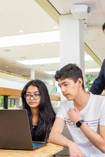 Drie studenten waarvan twee achter een laptop zitten en een achter hen staat.