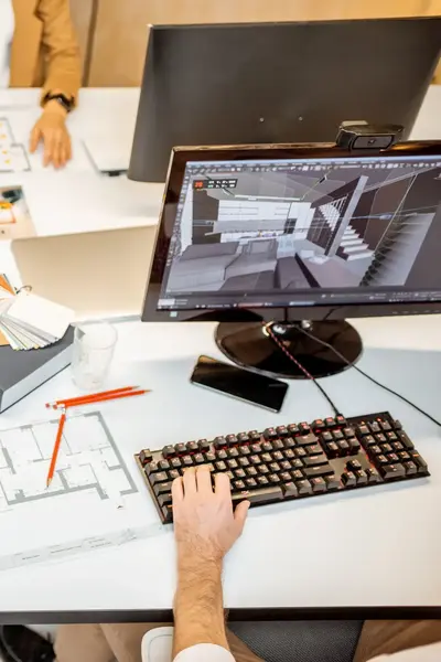 Studenten werken samen aan een interieurontwerp. Op tafel liggen kleurstalen, plattegronden en materialen, terwijl op het computerscherm een 3D-model te zien is.