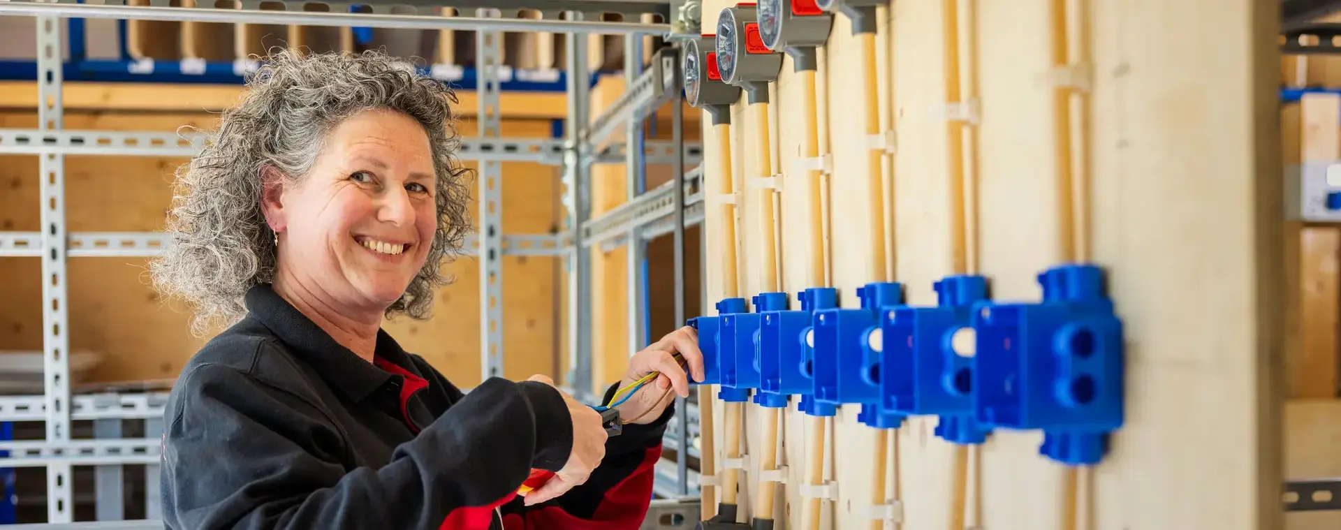 Een vrouwelijke docent Elektro & Installatietechniek staat in een praktijk lokaal bij een wand waar stopcontacten en elektro punten hangen om mee te oefenen en laat zien hoe het werkt.