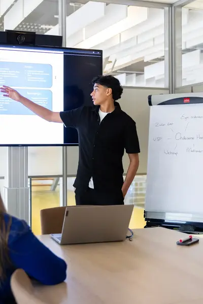 Een student geeft een presentatie aan twee medestudenten in een klaslokaal.
