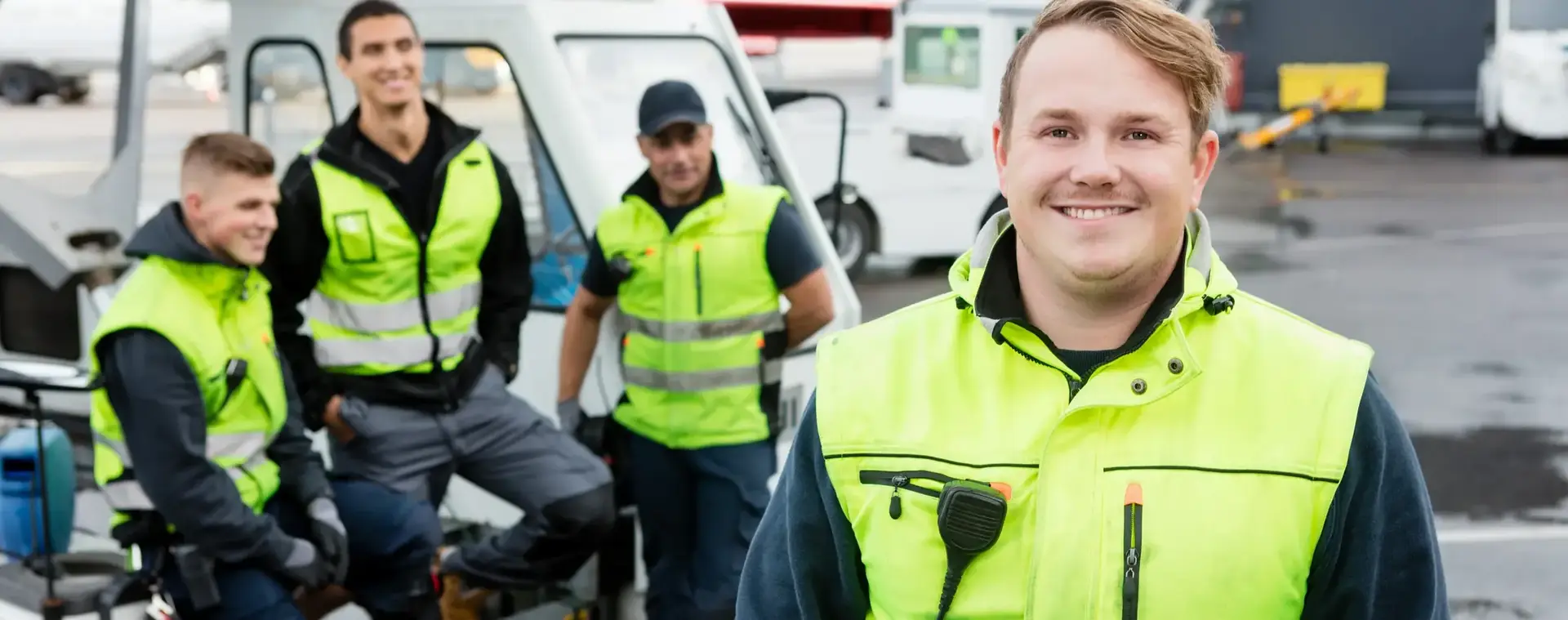 Studenten in gele hesjes verzorgen van alles rondom vertrek vliegtuig